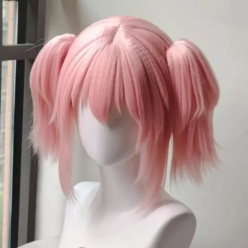Kaname Madoka Cosplay Wig Pink Ponytail Wigs with Bangs Cute Lolita Pigtails Wig for Women Girls Comic Con Props Hair+Wig Cap