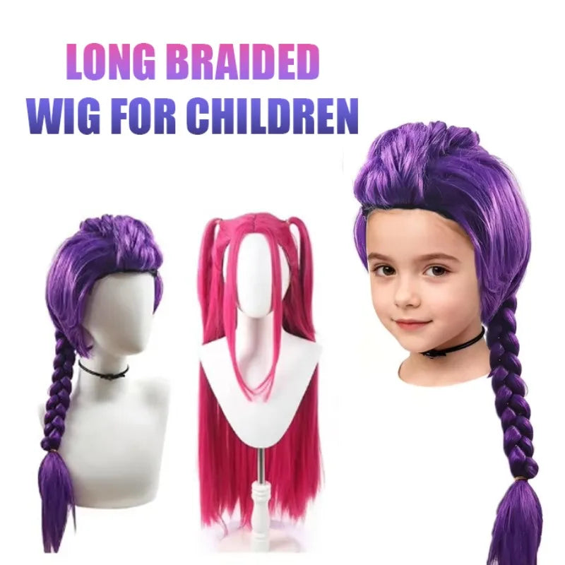 33.5-inch Purple Long Braid With Side Ponytail Integrated Tiger Mouth Clamp Children's Wig Halloween Costume Party Anime Cospla