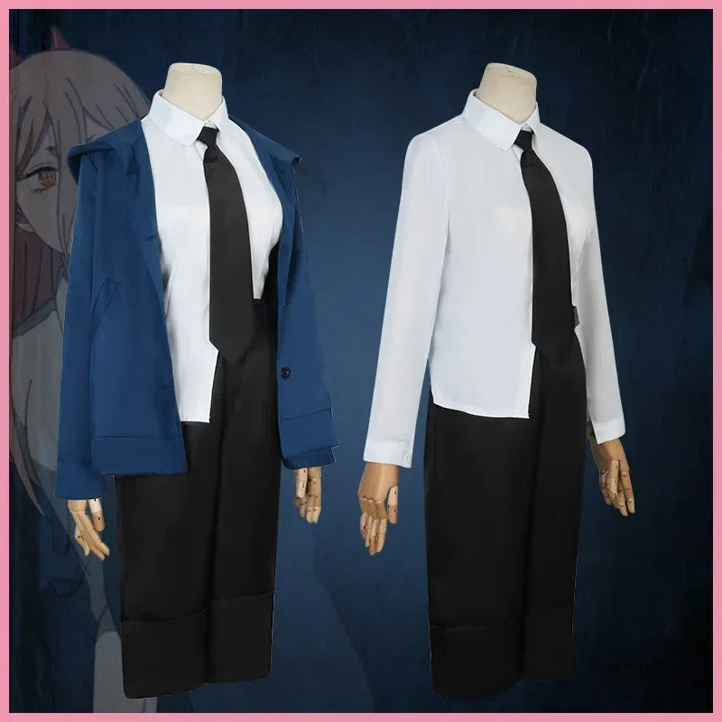 Power Cosplay Chainsaw Man Costume Blue Jacket Wig Horn Hairpins Women Halloween Carnival Party Role Playing Outfit Anime Suit