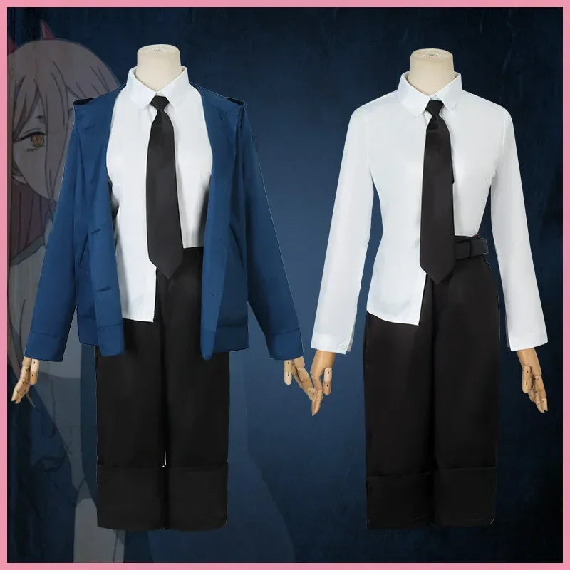Power Cosplay Chainsaw Man Costume Blue Jacket Wig Horn Hairpins Women Halloween Carnival Party Role Playing Outfit Anime Suit