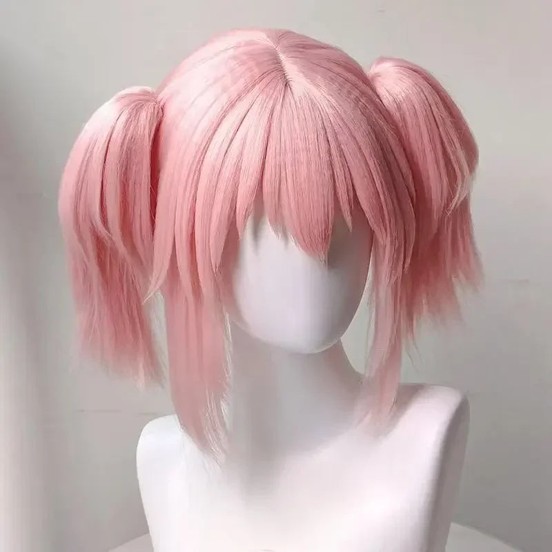Kaname Madoka Cosplay Wig Pink Ponytail Wigs with Bangs Cute Lolita Pigtails Wig for Women Girls Comic Con Props Hair+Wig Cap